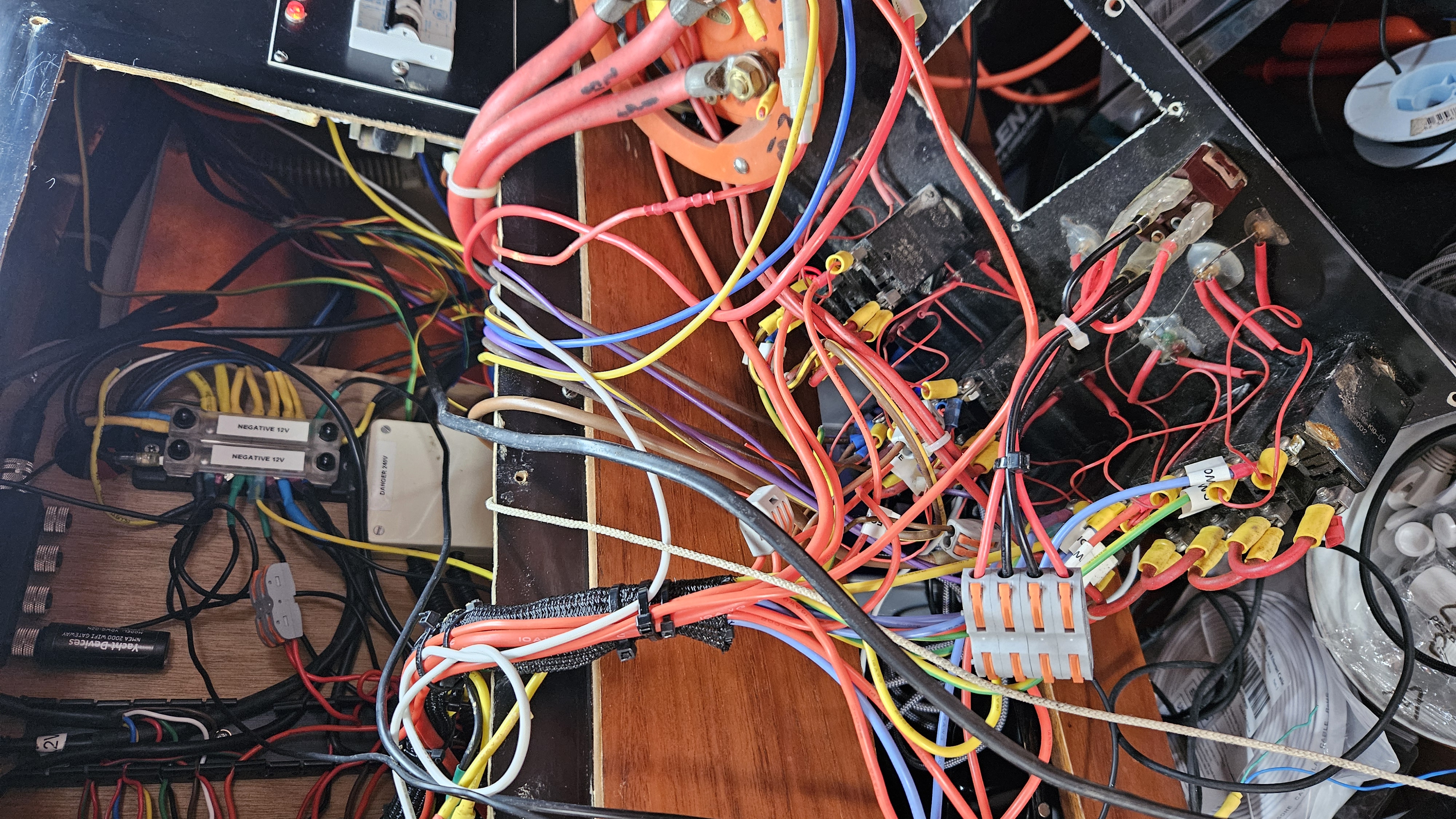A photograph of the mess of wires behind the DC panel